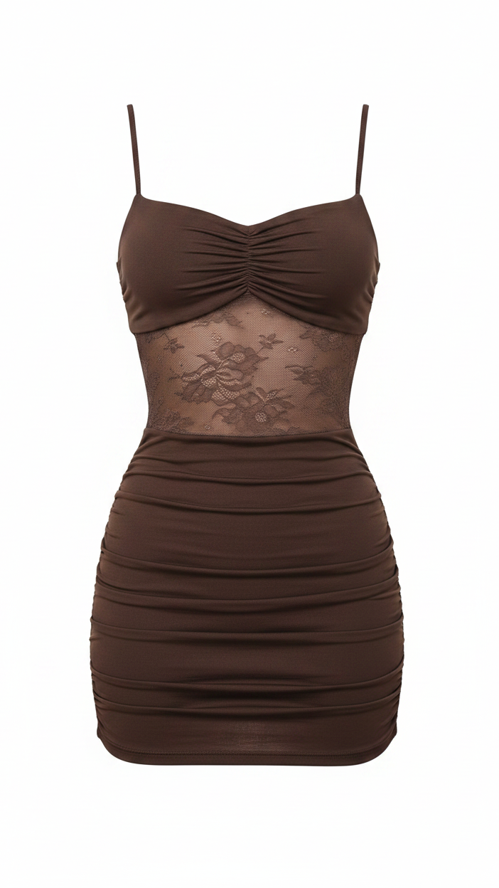 Vestido Mini Corsé de Encaje - Marrón Chocolate